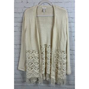 CHICO'S ivory cotton blend knit lace fringe open front cardigan sweater size 2 L